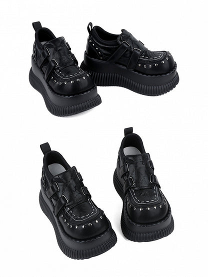 Black Velcro Strap with Design Details Studded Platform Closures - Shoes Punk