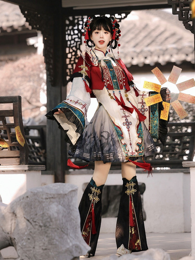 Wide Sleeves Chinese Knot Embroidery Han Lolita Dress Fox Patch Cropped Top Set - Unknown Star