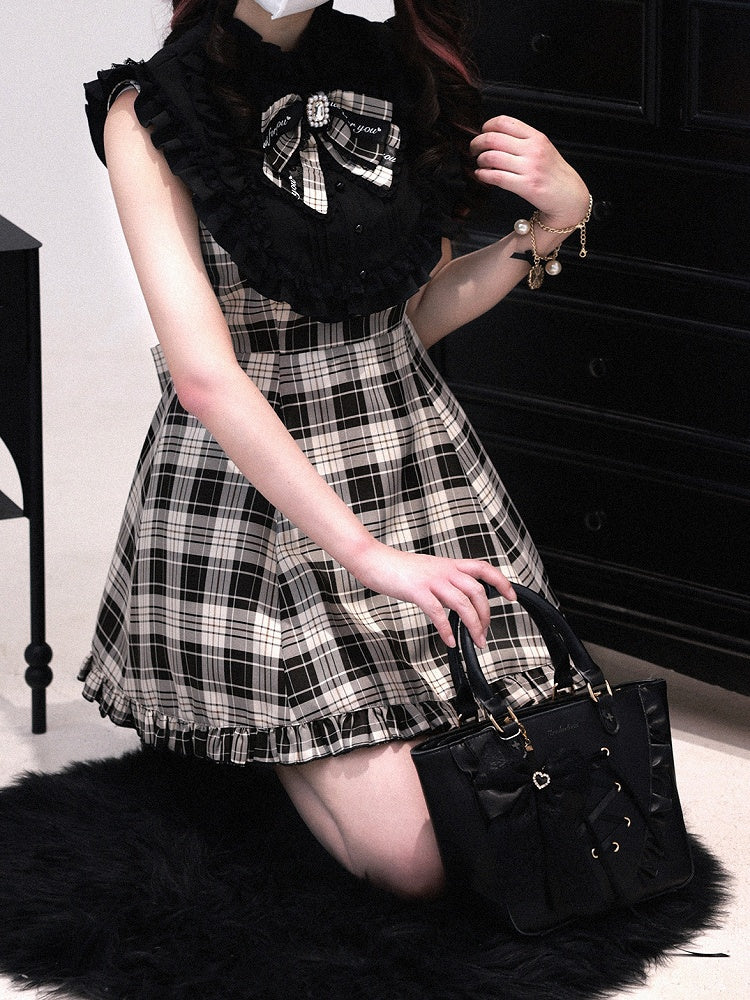 + 3-in-1 Set: Design Jirai Convertible Beige Kei Shorts Sleeve Black | Dress Plaid