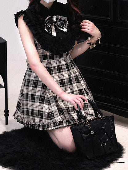 + 3-in-1 Set: Design Jirai Convertible Beige Kei Shorts Sleeve Black | Dress Plaid
