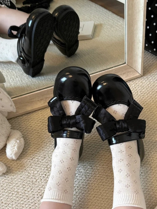 Closure Shoes Lolita PU Black Velcro Leather Bow Flat Accent Heart Sweet Strap in Decor