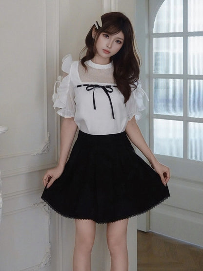 Plus Size White Seiso-kei Cutout Shoulder Blouse with Tulle Panel and Ruffle Accents - Smyster