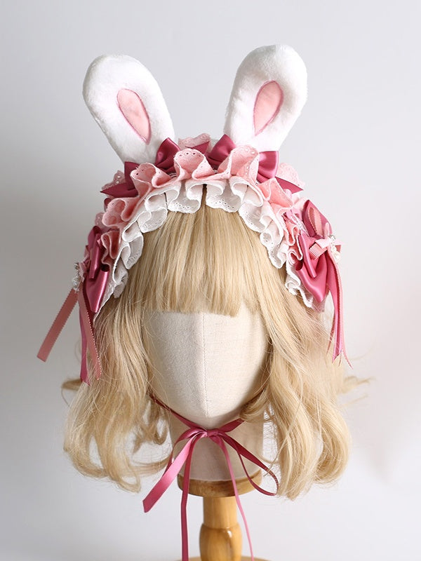 Lace Lolita and Hairband Bunny White With Detachable Ears Pink Bowknot Gorgeous
