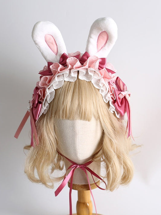 Lace Lolita and Hairband Bunny White With Detachable Ears Pink Bowknot Gorgeous