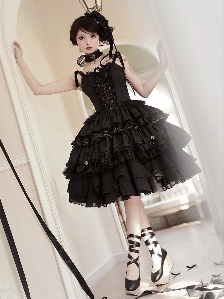 Kuro Lolita Natural Waist Princess Corset Jumper Skirt in Black, Size S - Golden Koi Forest