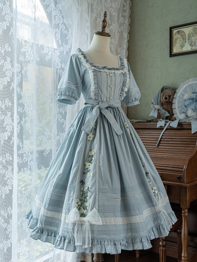 Embroidery Dress Cotton Lolita Blue Square Jasmine Neckline