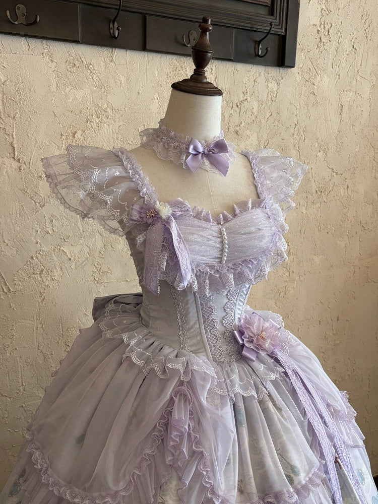 Purple Lily Print Lolita JSK Gown with Tulle Overlay and Back Bow Set - White Sugar Girl
