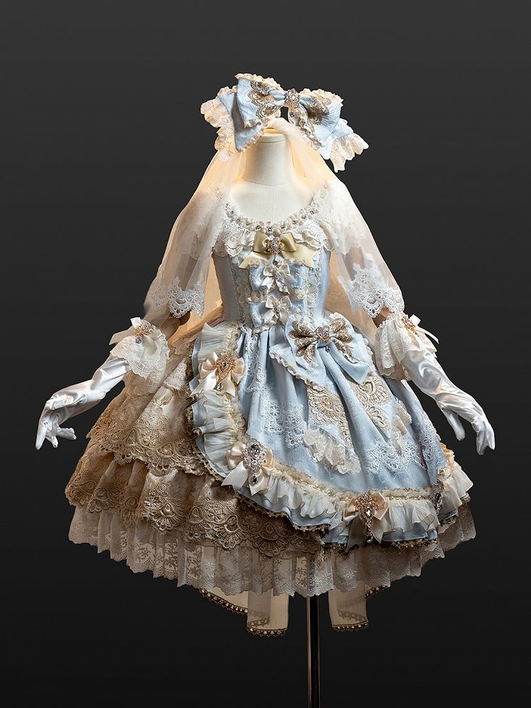 Jumper Blue Princess Bow Full and Skirt Accents Lolita Bead Jacquard Dress Set