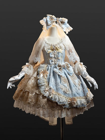 Jumper Blue Princess Bow Full and Skirt Accents Lolita Bead Jacquard Dress Set