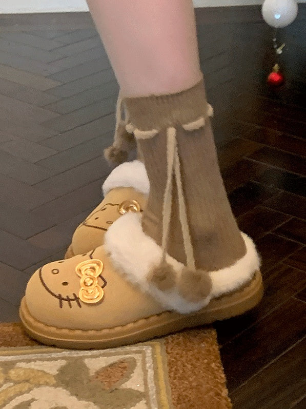 Khaki/Rot/Weiß/Grau/Grün Süße Wadensocken mit Pompons