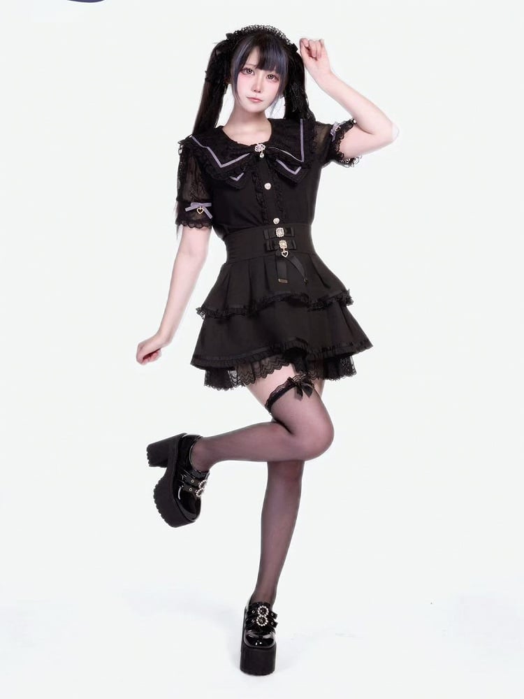 High Jirai Black Skirt with Tiered Bows Waist Kei