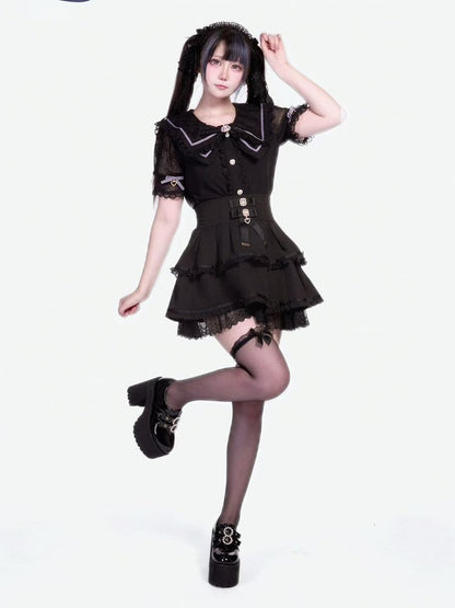 High Jirai Black Skirt with Tiered Bows Waist Kei