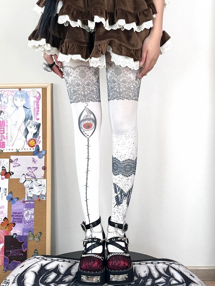 White Print Tights Butterfly Guro Kawaii