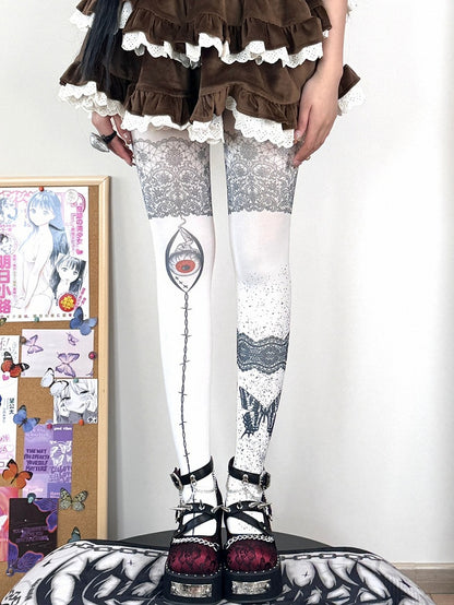 White Print Tights Butterfly Guro Kawaii