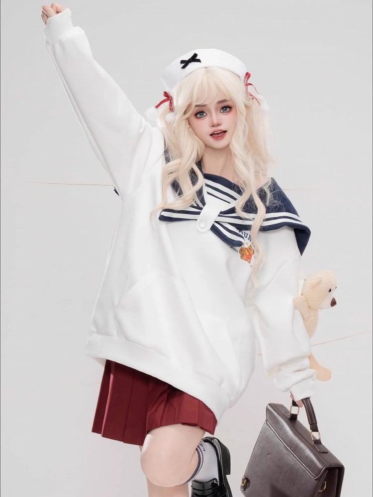 Hellgelb/Weiß/Marineblauer süßer Bären-Plüsch-Kapuzenpullover mit Matrosenkragen