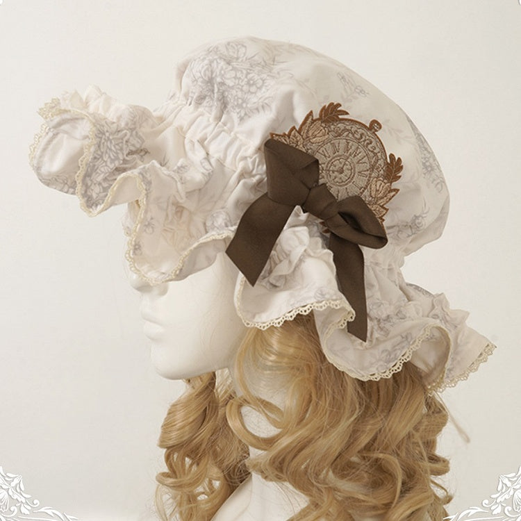 Lolita Floral with Blue/Brown/White/Light Ruffled Hat Brown Pattern Bow