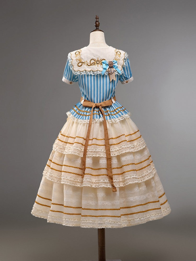 Embroidered Collar Sailor Top and Layered Skirt Set - Twin Bear Original Design
