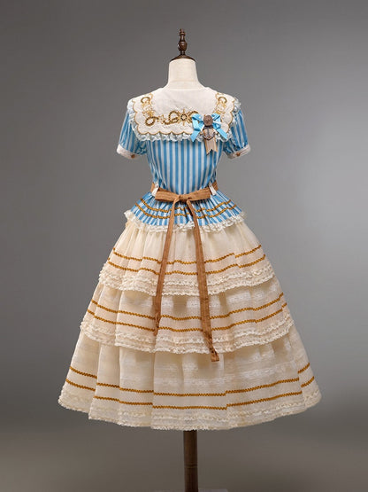 Embroidered Collar Sailor Top and Layered Skirt Set - Twin Bear Original Design