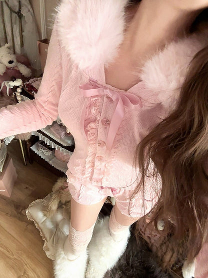 Pocket With Fleece Bow Lace-Trimmed Knit Shorts Pink