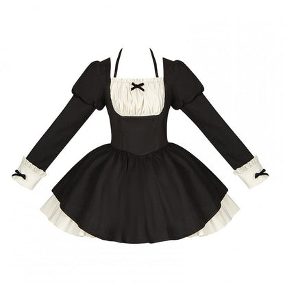 Short Maid Black with Bows Lolita Dress Beige and Juliette Sleeves Small