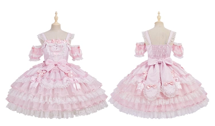 ピンクのプリンセスレイヤードフリルドレス、取り外し可能なパフスリーブ付きスイートロリータジャンパースカート