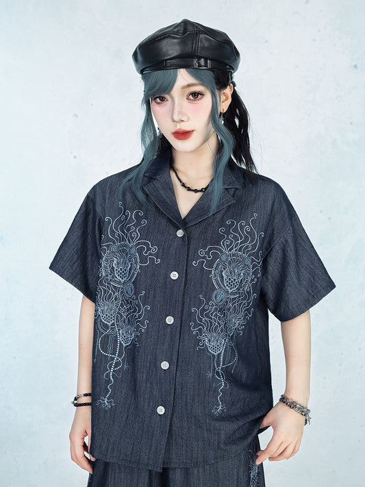 Dark Blue Short Sleeve Shirt with Sea Lily Print - Quirky Hut
