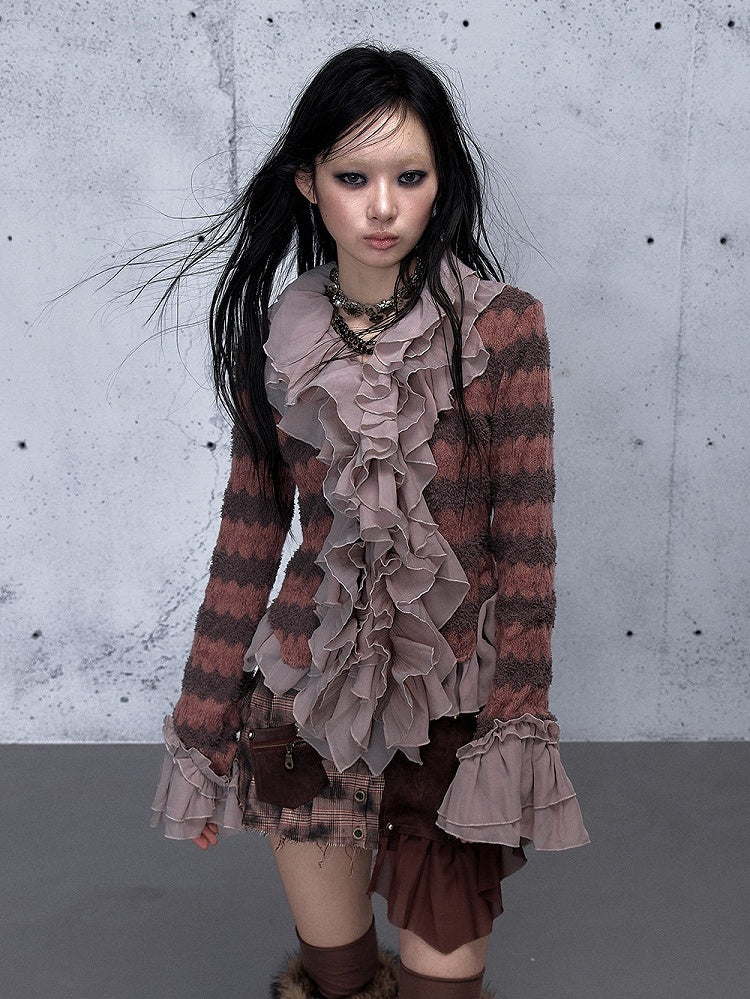 Cascading Trim Bell Top Flounced Ruffle - Cuffs Pink Dusty Striped Sleeve