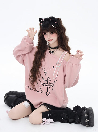 ブラック/ピンクのアシンメトリーネックライン、ハートバックル、クロス刺繍スウェットシャツ