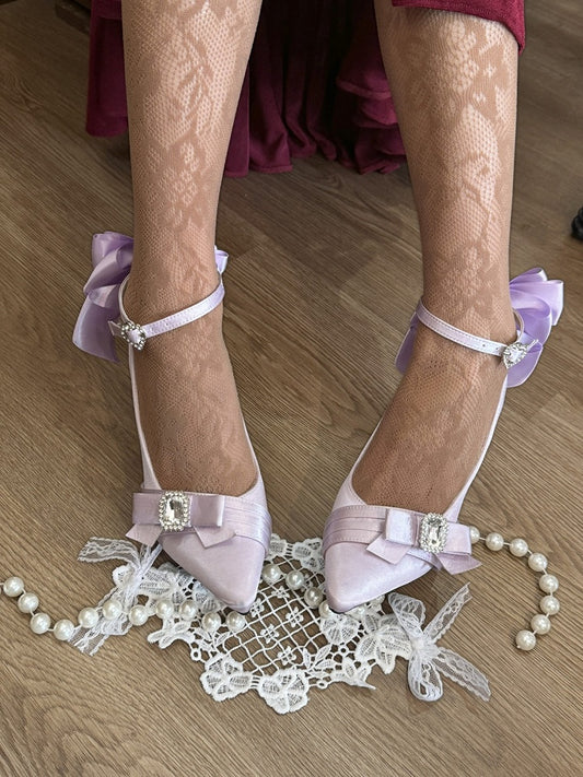 Crystal Embellished Purple High Heels with Heart & Bowknot - Rose Letter