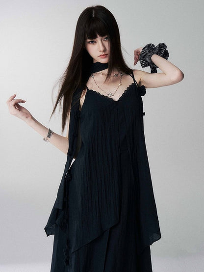 Black V-Neck Spaghetti Strap Long Dress with Scarf - Lady Ghost