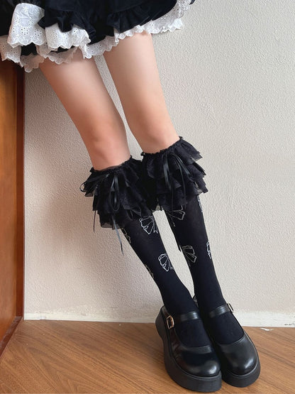 White/Black Stockings Bowknot Decorated Lace Trim Lolita Underknee
