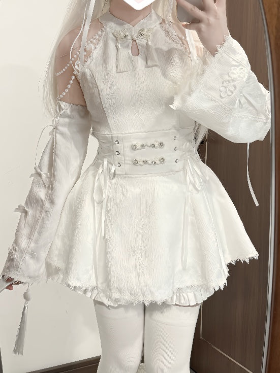 Jirai Kei White Jacquard Cheongsam with Set Detacable Collar Waist Chain+Lace-up Top Beaded Shorts