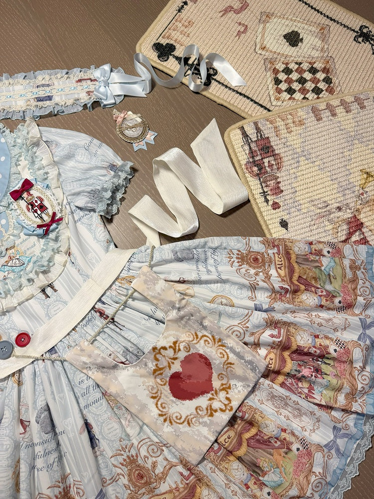 Azure Alice in Wonderland Theme Print Polka-dot Collar Sweet Gown - Forest Fairy Tales