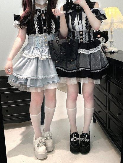 Jirai Kei Black/White/Red/Light Buttons Blue Open Shoulder Sweetheart Lace Trim Blouse