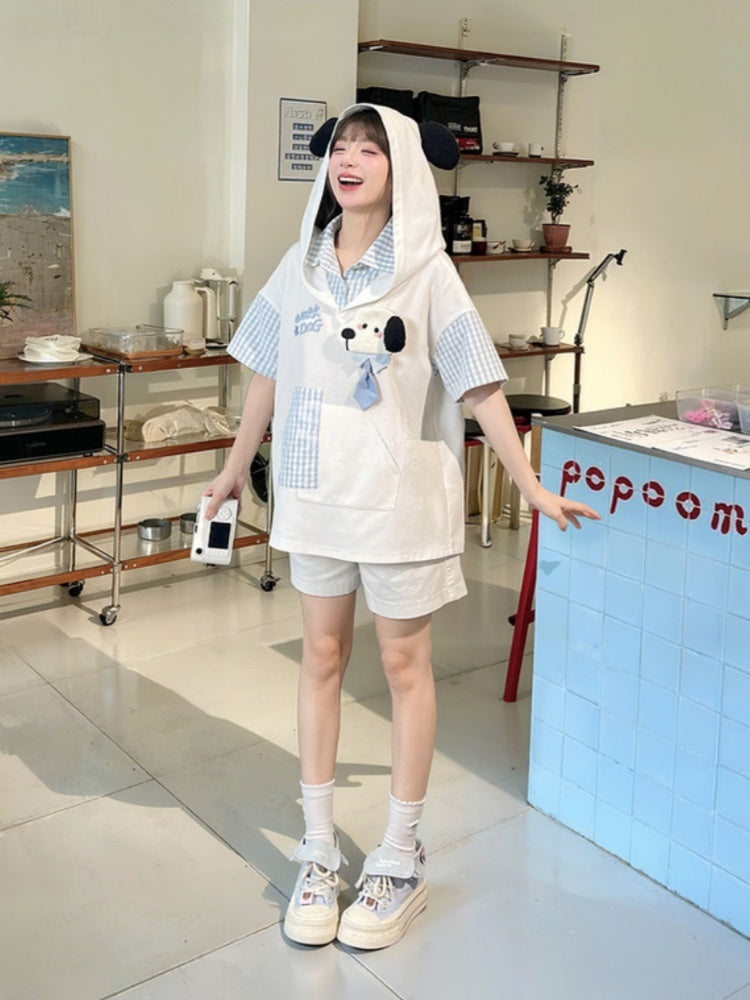 子犬の耳のデザインフード柄の2ピースホワイト＆子犬フェイクTシャツブルーチェック柄