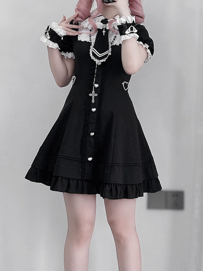 Tie Jirai Kei Set- Wrist + Black Available Lace Trim Dress + Cuffs Size Plus Shorts