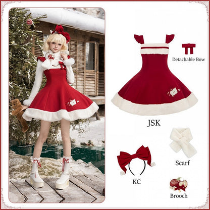 Lolita Embroidered Plush Apple-Themed Scarf + KC Red JSK Christmas Bow Brooch Short