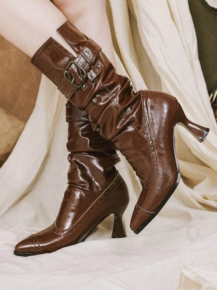 Light Brown 7.5cm Stacked High-Heel Slip-On Boots with Collapsible Shaft & Ornate Clasps - Dita Lolita Shoes