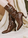 Light Brown 7.5cm Stacked High-Heel Slip-On Boots with Collapsible Shaft & Ornate Clasps - Dita Lolita Shoes