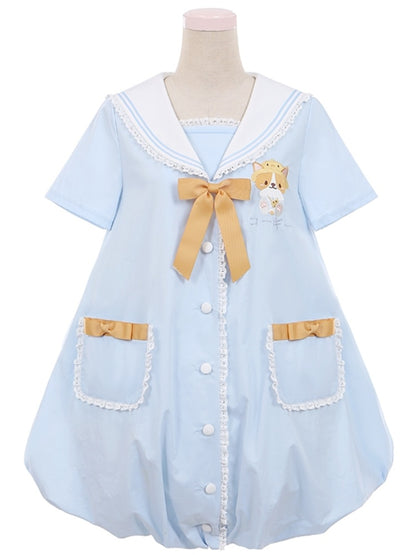 Light Blue Sailor Collar Corgi Bubble Skirt Dress