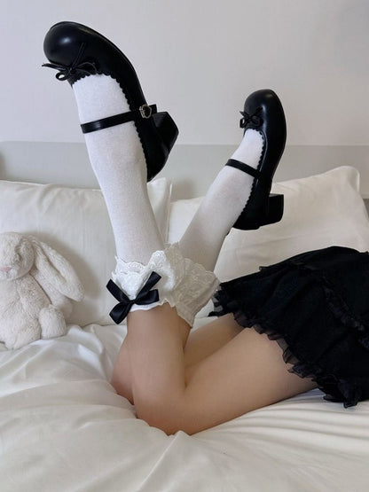 White Pink/White/Red/Black With Bowknots Lolita Calf Socks