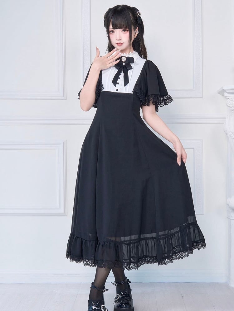 Spitze und zartes Kei mit passender schwarzer Brosche, langes Kleid, weißer Knöchel-Jirai