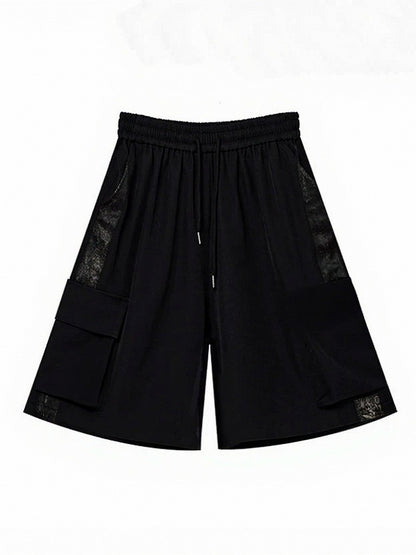 Style Chinese Side Embroidery with Shorts Pockets Black