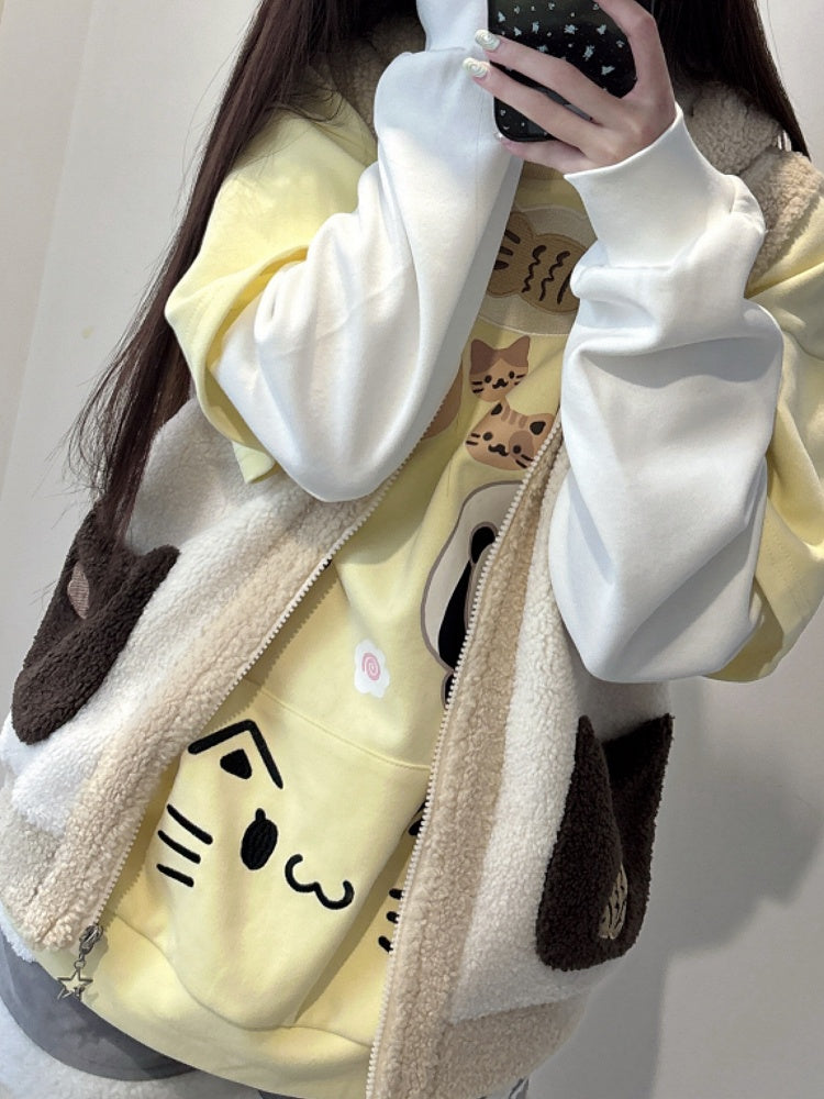 Cozy Khaki Kitty Ear Hood Fleece Vest with Taiyaki and Cat Embroidery  Adorable Cat Pockets
