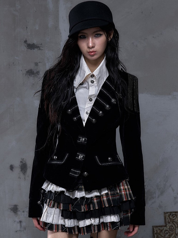Lapel Multi-Row Embroidered Blazer Back Black with Cross Punk Fringe Epaulettes Shoulder Buttons Detachable