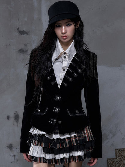 Lapel Multi-Row Embroidered Blazer Back Black with Cross Punk Fringe Epaulettes Shoulder Buttons Detachable