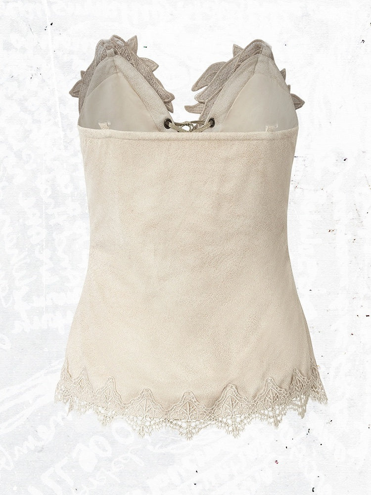 Beige Wing-Embroidered Corset Top with Lace Accents - NO ROMANCE
