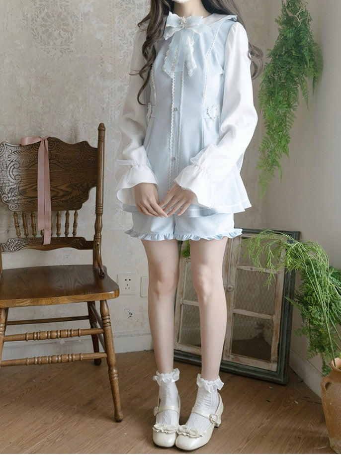 Blue Peter Pan Collar Mini Dress+Ruffled Set- Light Shorts Jirai Kei Hem