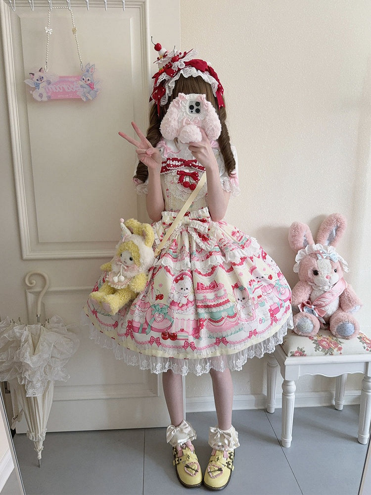 Süßes Kleid Cakes Bunny Gelber Print und Rock Lolita Pullover