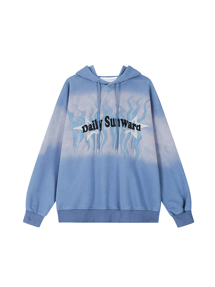 Retro Vintage Hoodie Blue Embroidery with Hood Gradient Fall Drawstring Star Lettering